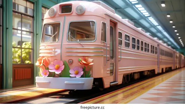 A pink and white train sits in a station