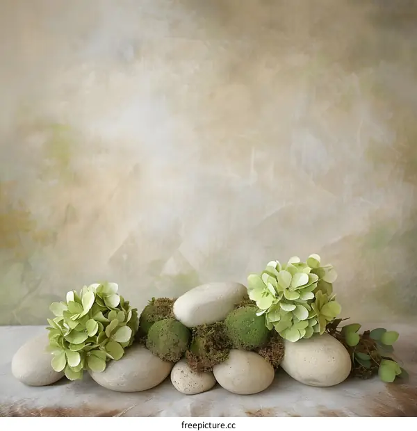 Green Hydrangea Flowers on White Stones and Moss