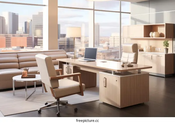 A Modern Office with a Large Desk, a Comfortable Chair, and a Sofa