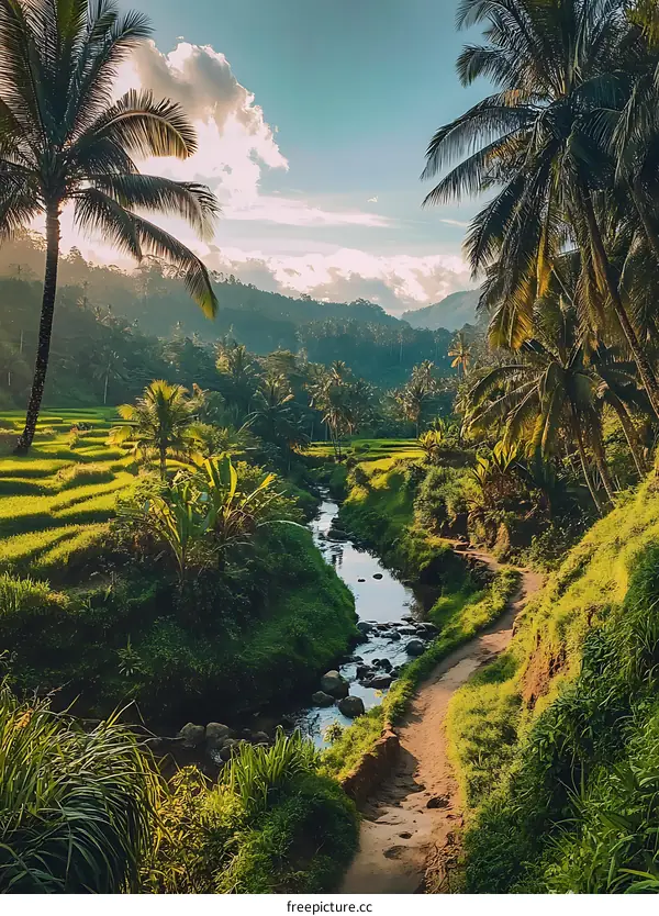 Scenic Pathway Through Lush Green Valley in Indonesia