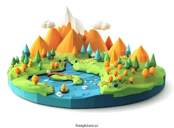 Low Poly Mountain Landscape with River and Trees