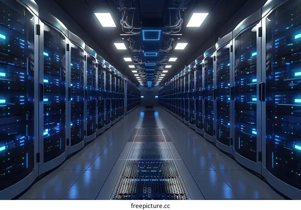 Server room with rows of server racks containing multiple server blades.