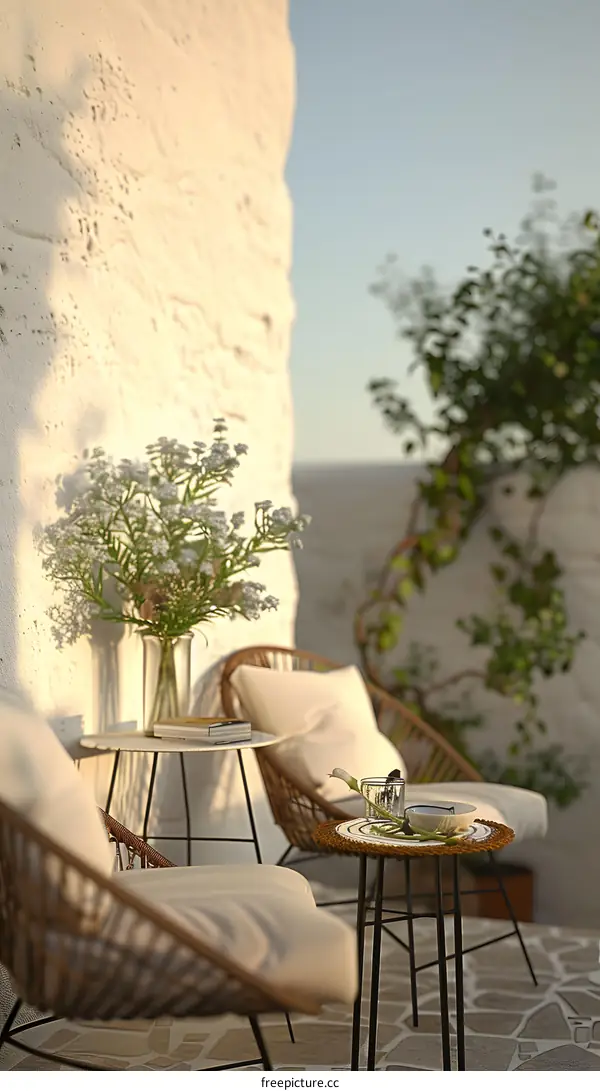 White Wall Patio with Wicker Chairs and Flowers