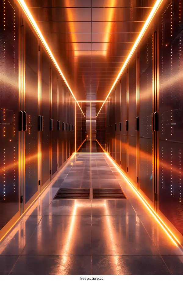 Futuristic Technology Server Room With Glowing Orange Lights