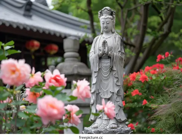 A statue of Guanyin surrounded by pink and red flowers