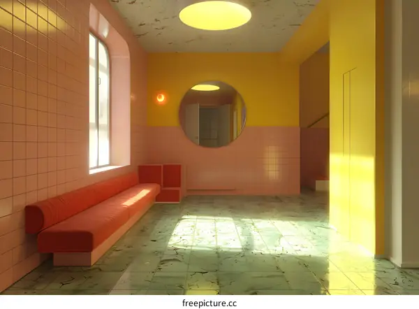 Modern Interior Design with Pink and Yellow Walls and a Bench