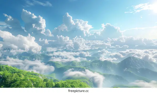 Dreamlike Mountain Scenery with Fluffy Clouds