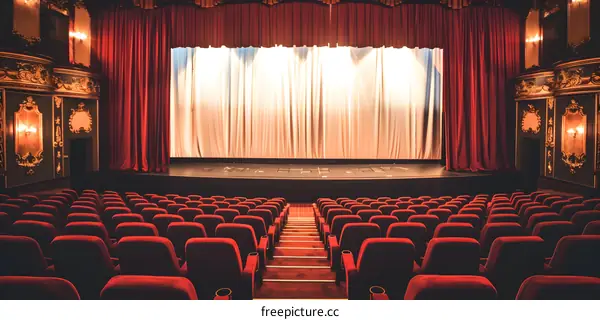 Empty Seats in a Theater with Red Curtains and Stage