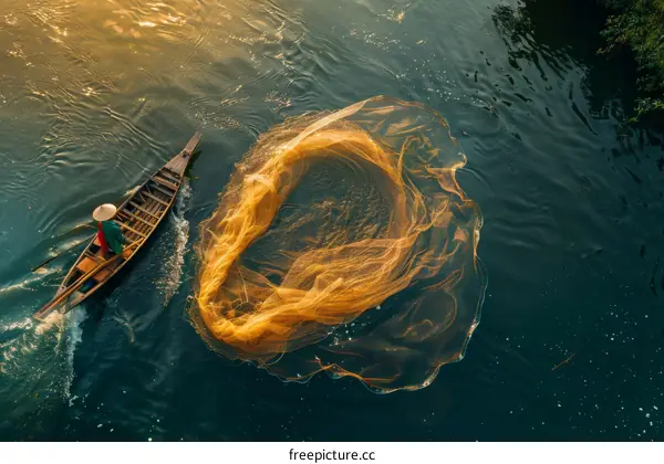 A fisherman in a boat is casting a net into the river