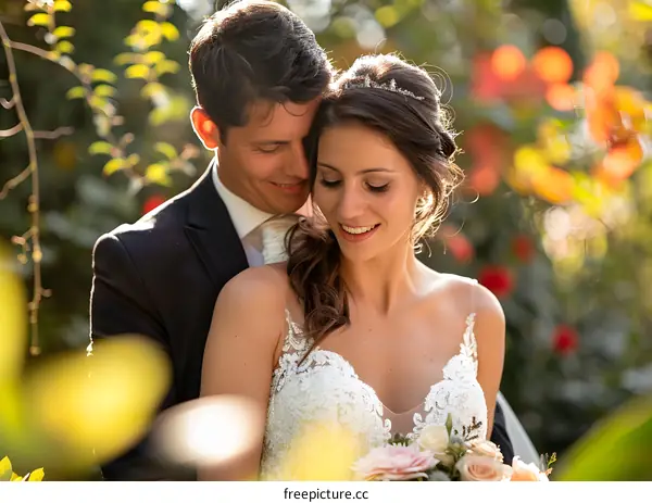 The bride and groom are taking wedding photos in the garden