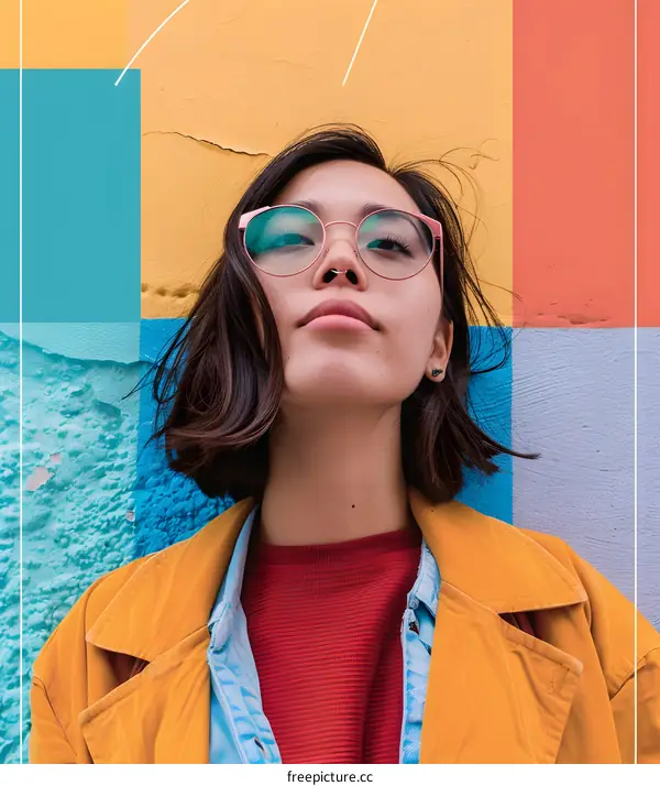 Young Woman with Short Hair and Glasses Posing Against Colorful Wall
