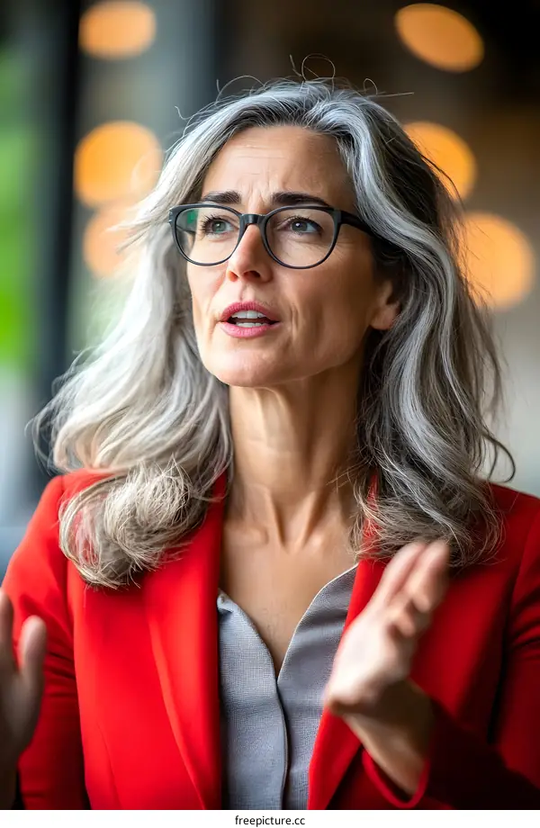 Portrait of a Woman in Red Jacket with Grey Hair