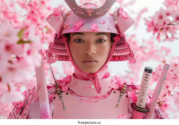 Samurai Woman in Pink Armor with Cherry Blossoms