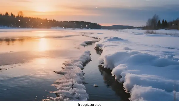 Sunset Over Snowy River with Frozen Banks and Golden Glow