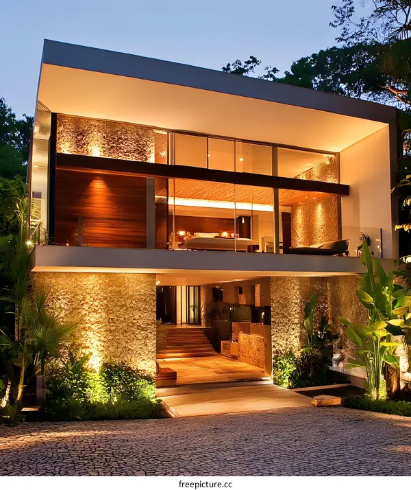 Modern House Design With Stone Walls And Glass Windows