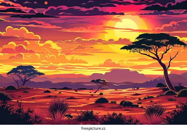 African Sunset Landscape Illustration