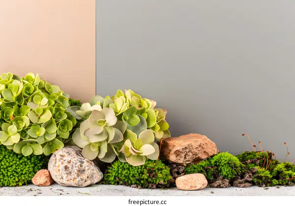 Green Plant with Rocks on Beige and Gray Background