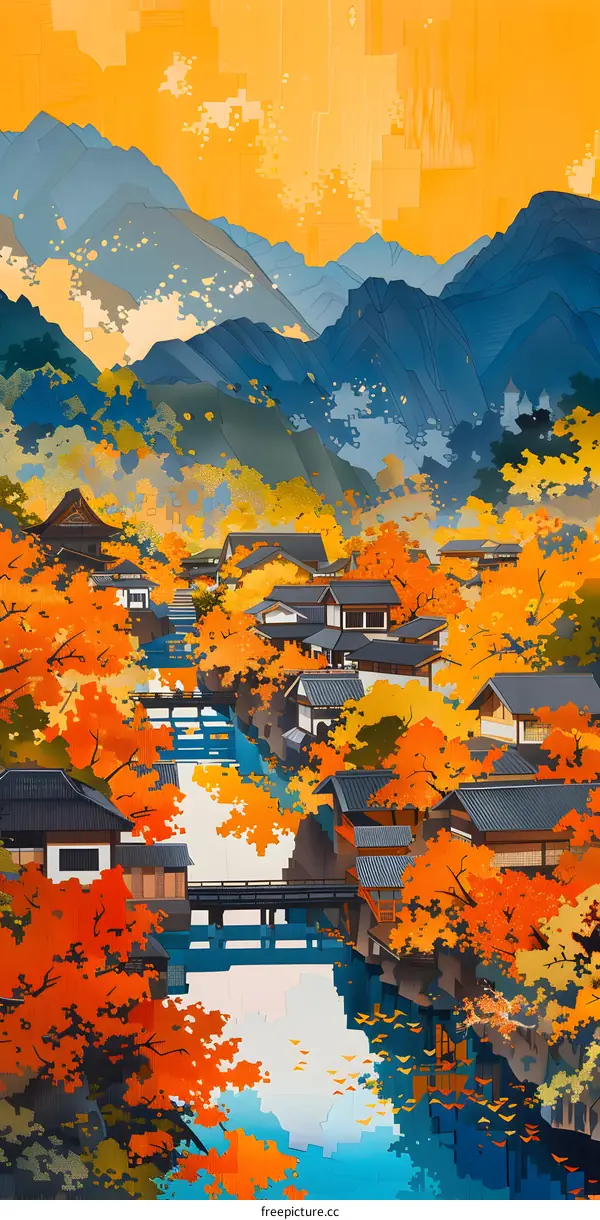 Autumn River Village Landscape