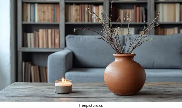 Cozy Library Living Room with Dried Branches