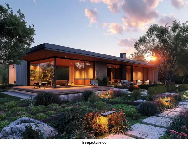 Modern House Exterior Design with Glass Walls and Sunset Sky