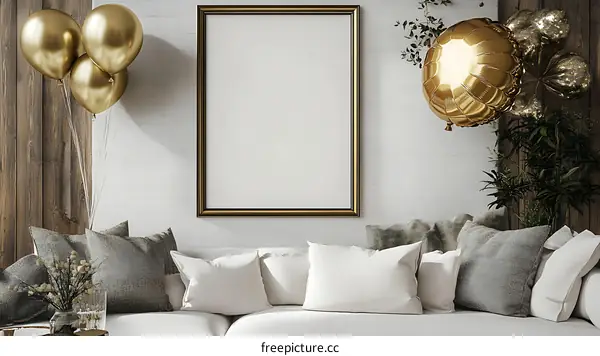 Gold Balloons and Sofa Decor Mockup