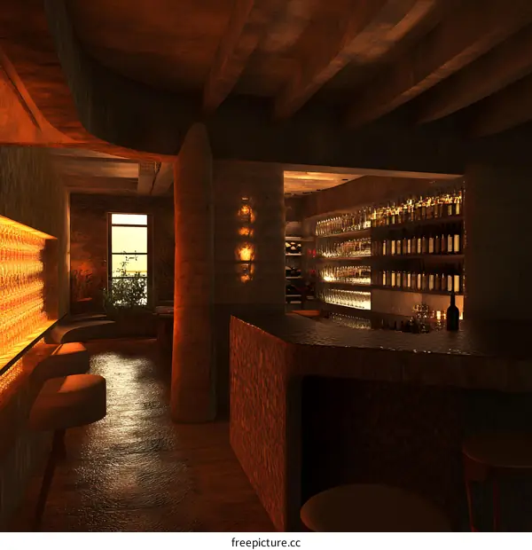 Modern Bar Interior Design With Stone Wall And Wooden Ceiling