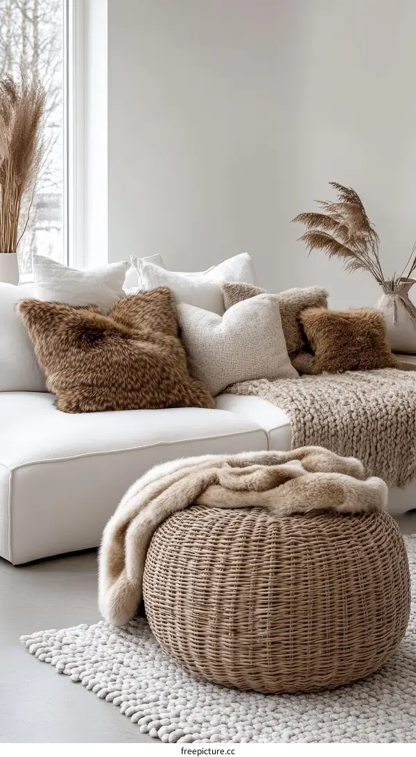 Modern Cozy Living Room with Woven Pouf