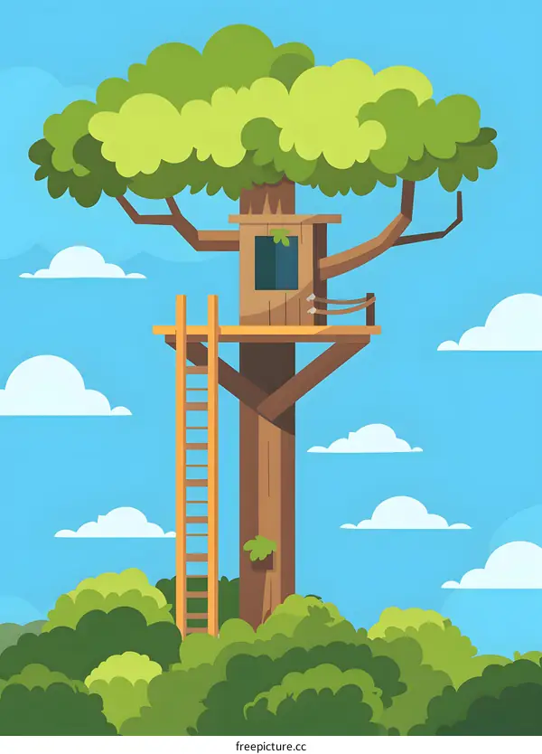 Wooden Tree House With Ladder In Forest Illustration