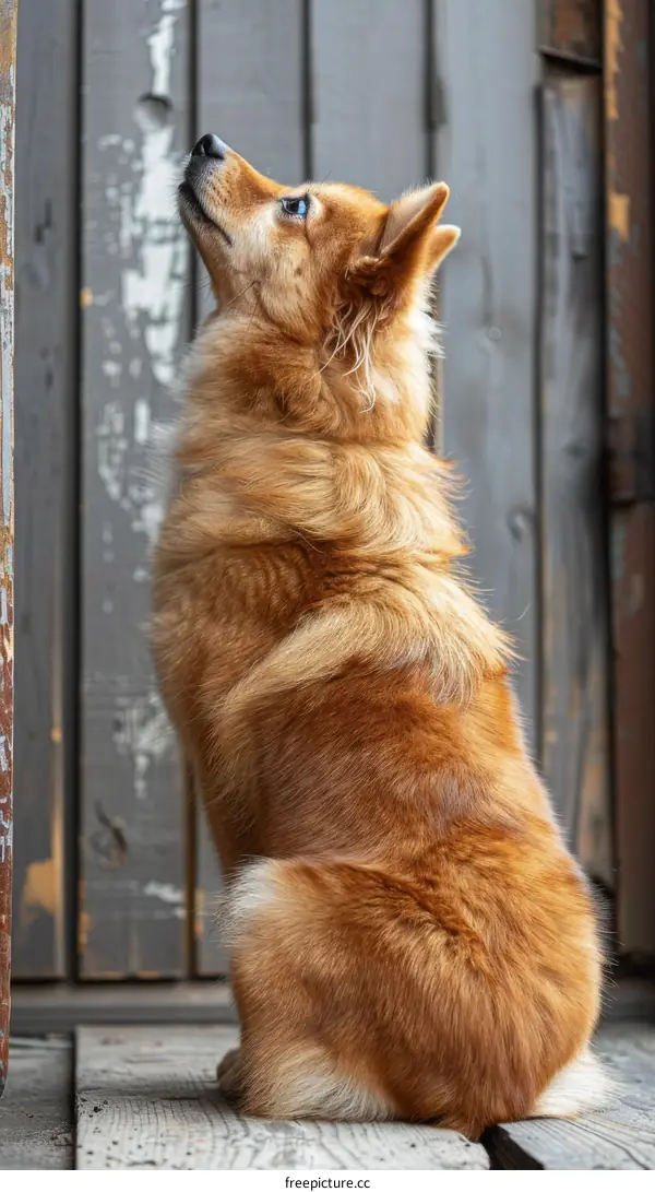 A ginger dog looking up at something