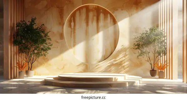 Empty Round Podium In Minimalistic Studio With Sunlight Shadow