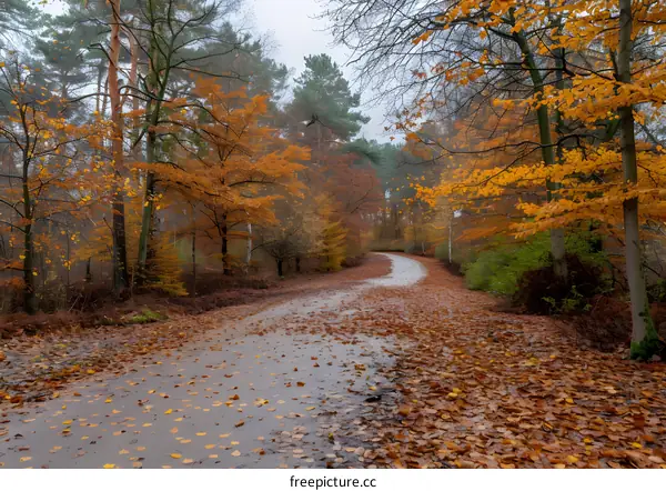 Country road through a forest with fallen leaves
