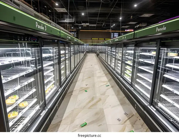 Empty Supermarket Aisle With Glass Display Cases