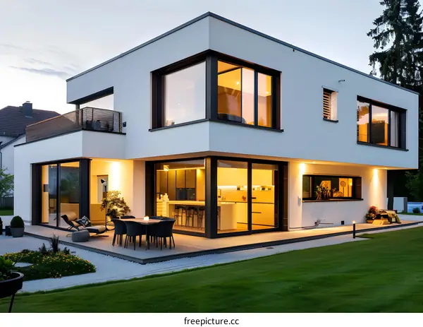 Modern White House with Large Windows and a Patio