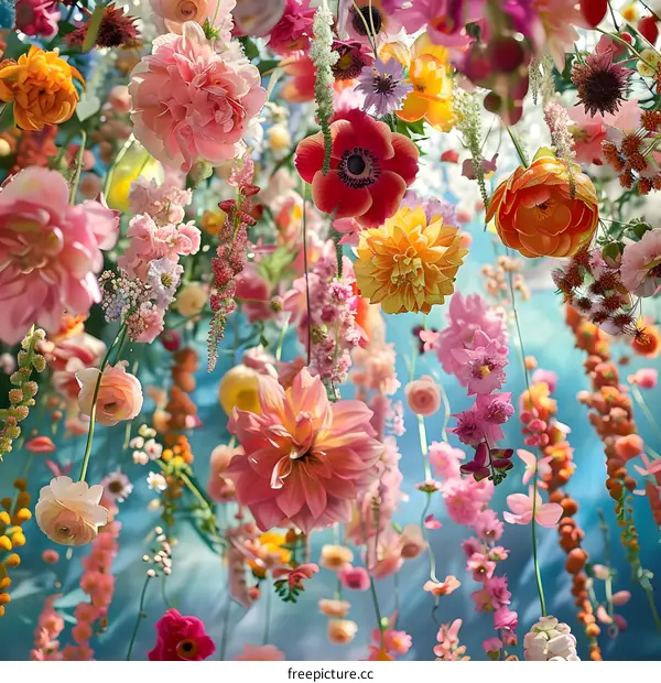 Colorful Flower Arrangement Hanging From The Ceiling