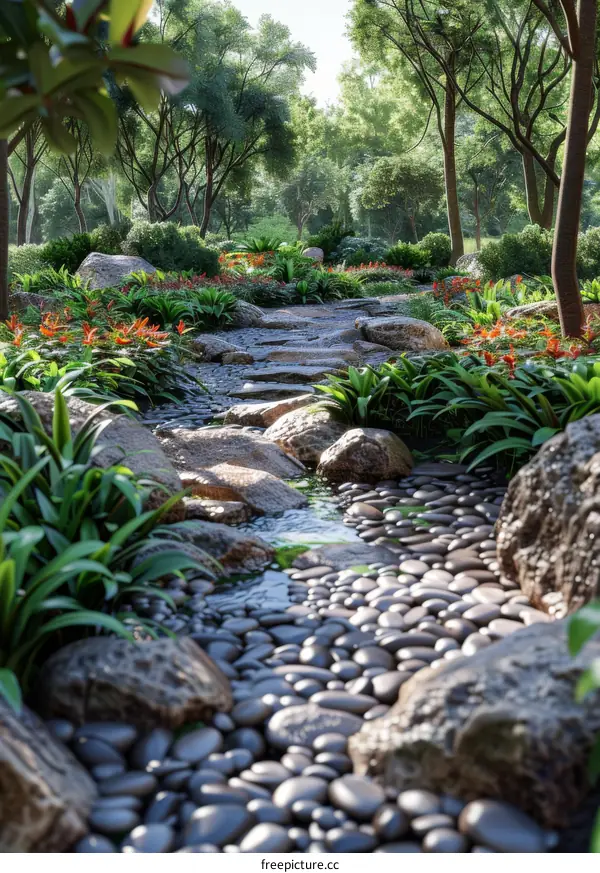 Serene Pebble Path Through Lush Garden