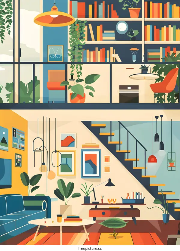 Modern Living Room with Bookshelf and Staircase