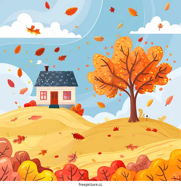 Autumn Landscape with House and Trees