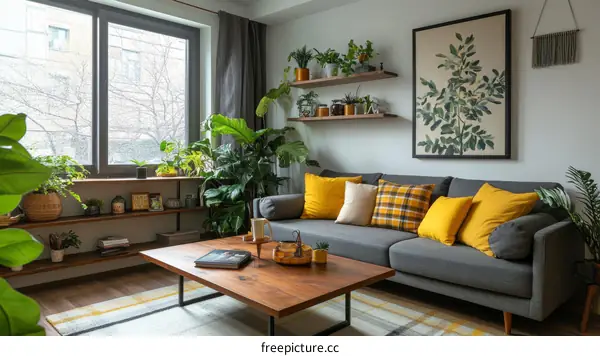 Modern Cozy Living Room with Greenery and Yellow Accents