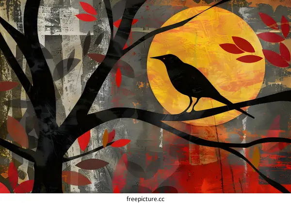 Abstract Autumn Illustration with Silhouette of Bird on Tree Branch
