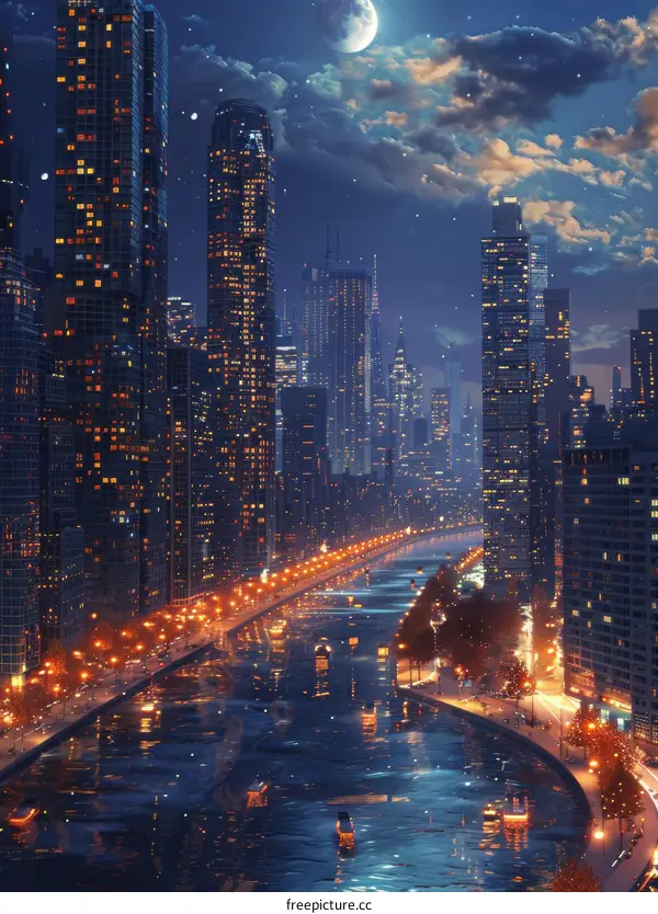 Night Cityscape Illustration with a River