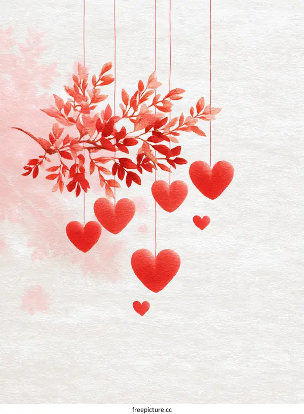 Watercolor Illustration of Hanging Hearts and Branches