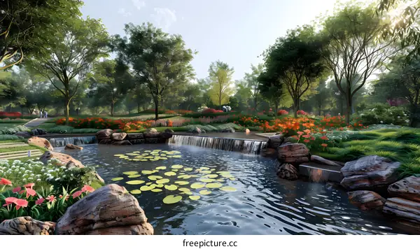 A beautiful park with a pond, flowers, and trees