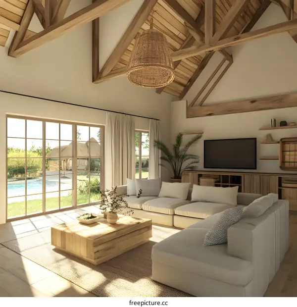 Modern Living Room Interior Design With Wooden Beams and A View Of The Backyard