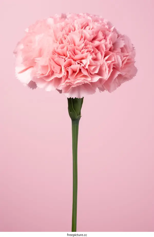 A pink carnation in full bloom against a pink background
