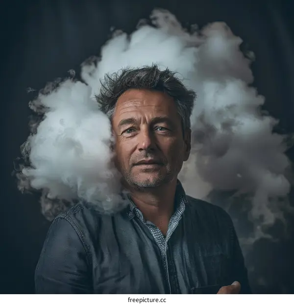 man with white cloud on his head