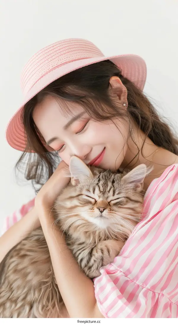 A young woman with a pink hat is hugging a cat