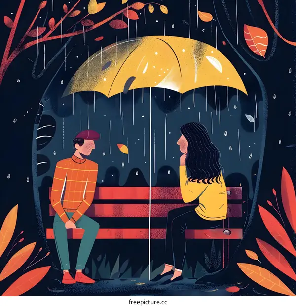 Couple Sitting On A Bench Under An Umbrella In The Rain