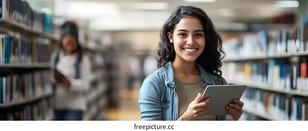 Smiling Woman Holding Tablet in Library