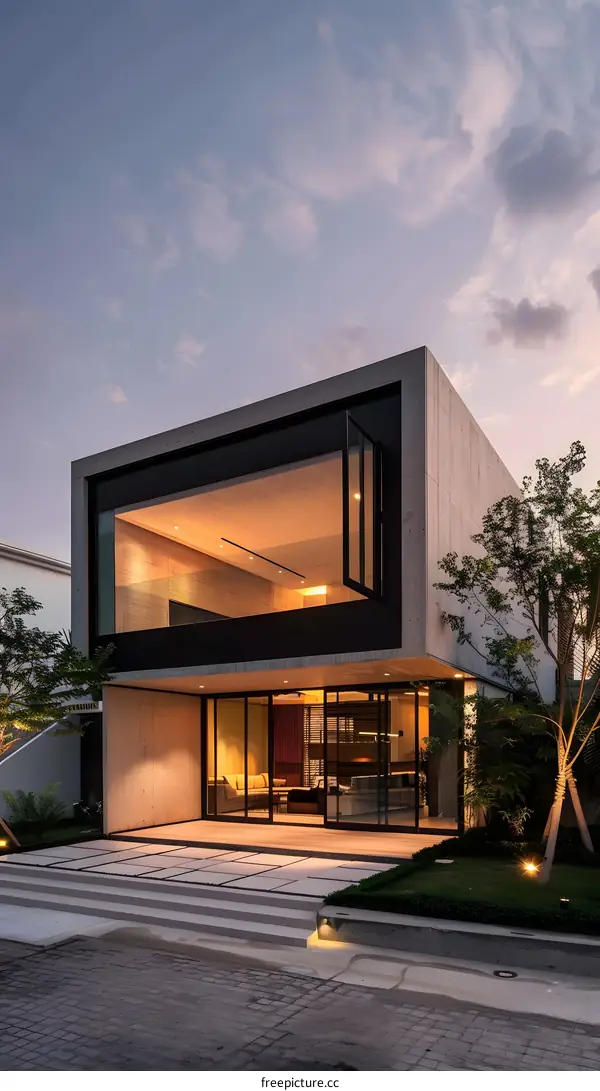 Modern Concrete House with Large Windows and Glass Doors