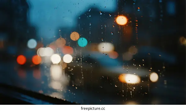 Rainy window view with blurred city lights and water droplets